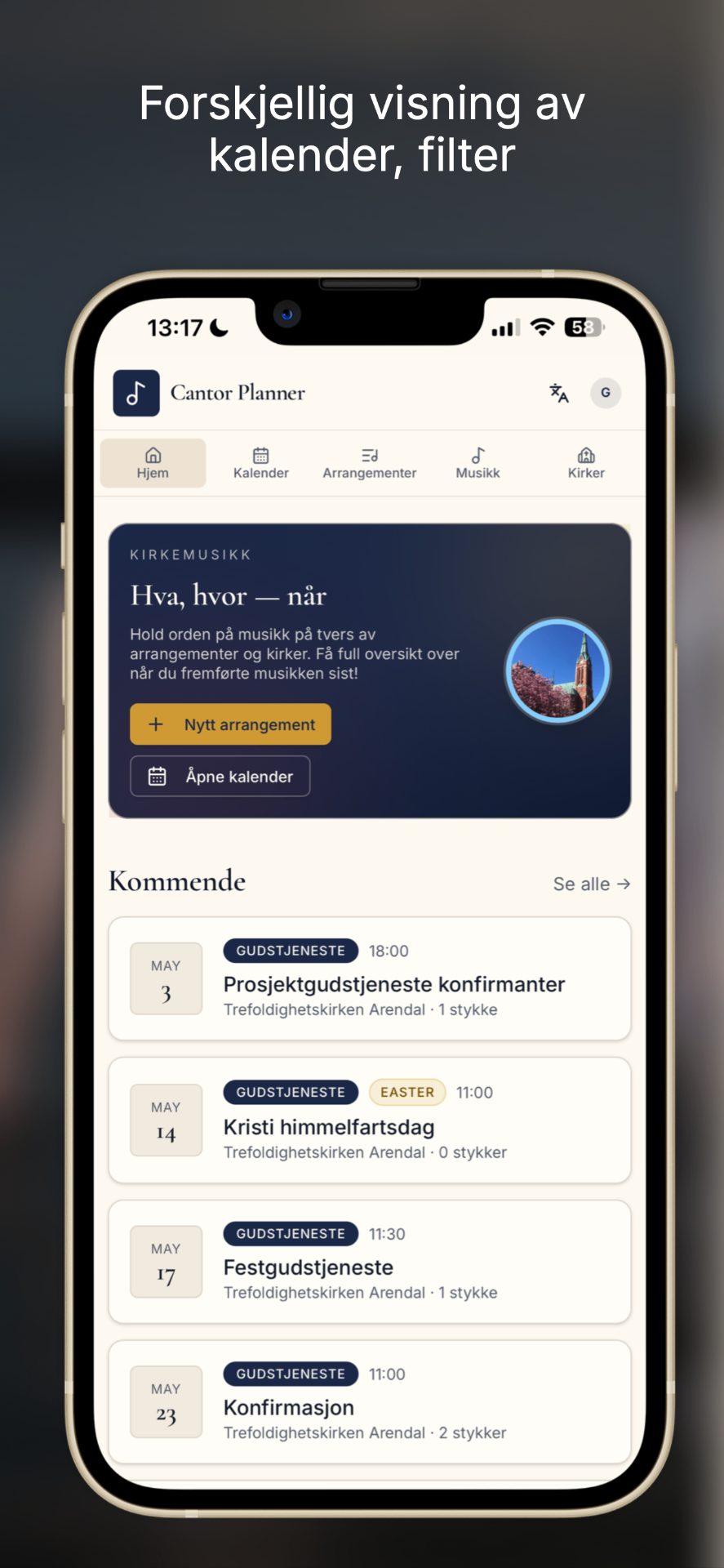 Mobil — forskjellig visning av kalender, filter